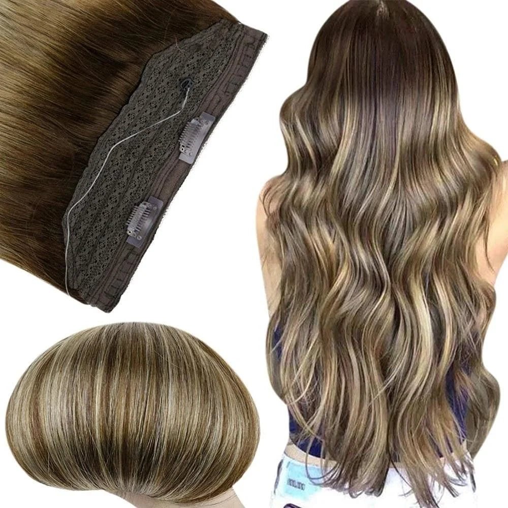 LaaVoo Fish Wire Hair Extensions 100% Real Brazilian Hair Straight Natural 12-20inch balayage Color 70g&80g Wire Hair Extensions