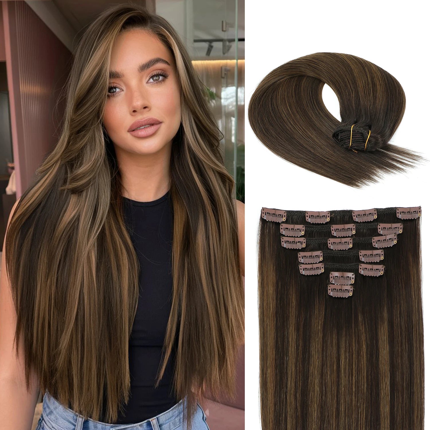 120g Double Drawn Clip in Human Hair Extensions with Thick Ends, Remy Hair Cuticle-Aligned No Tangle, 12+ Month with Proper Care