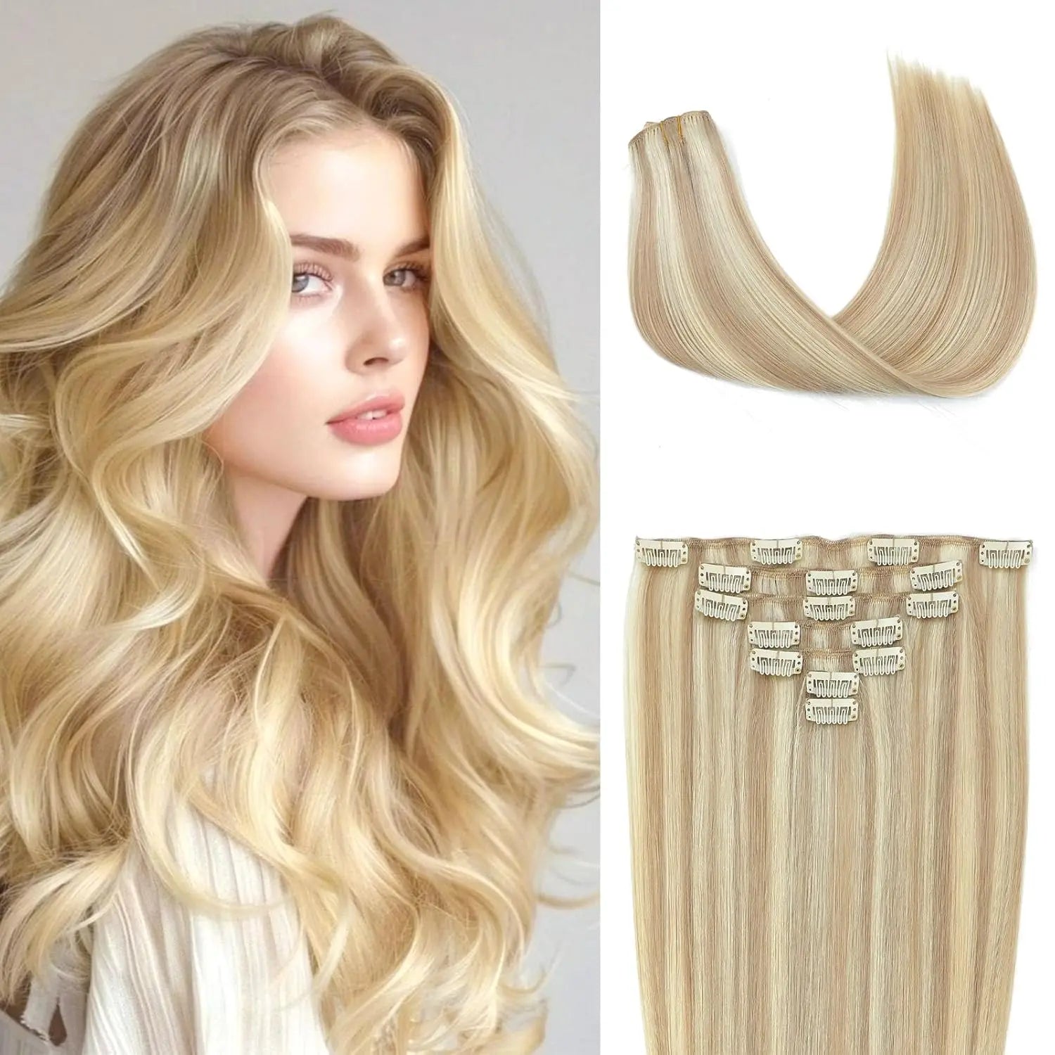 120g Double Drawn Clip in Human Hair Extensions with Thick Ends, Remy Hair Cuticle-Aligned No Tangle, 12+ Month with Proper Care