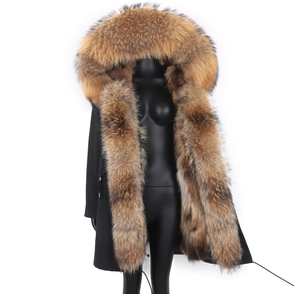 2024 Real Fur Coat Natural Real Fox Fur Collar Warm Big Fur Outerwear Detachable Female Long Parka Women Fashion Winter Jacket