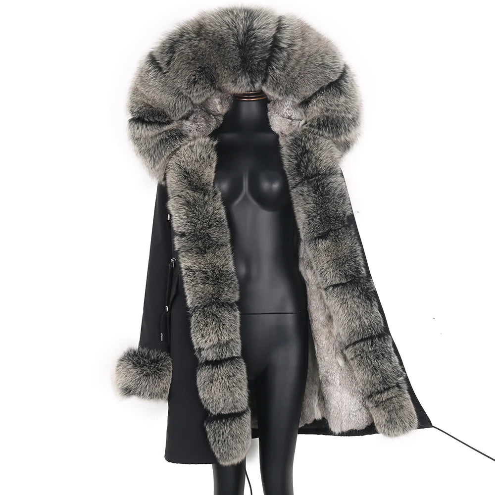2024 Real Fur Coat Natural Real Fox Fur Collar Warm Big Fur Outerwear Detachable Female Long Parka Women Fashion Winter Jacket