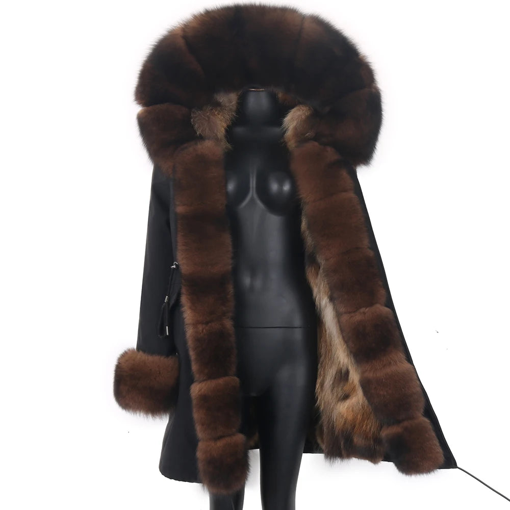 2024 Real Fur Coat Natural Real Fox Fur Collar Warm Big Fur Outerwear Detachable Female Long Parka Women Fashion Winter Jacket