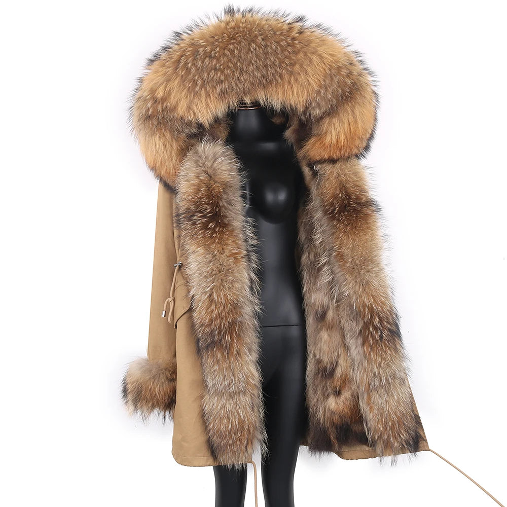 2024 Real Fur Coat Natural Real Fox Fur Collar Warm Big Fur Outerwear Detachable Female Long Parka Women Fashion Winter Jacket
