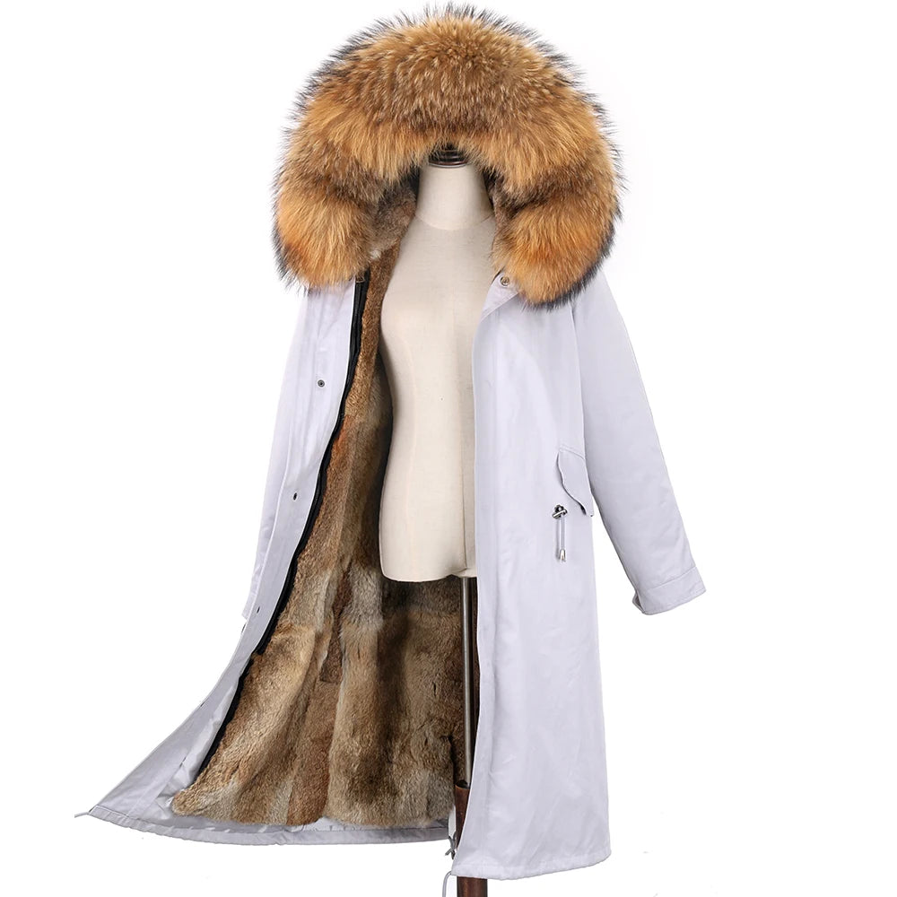 Detachable X-long Parka Waterproof Winter Jacket Women Natural Raccoon Fur Hood Rabbit Fur Liner Real Fur Coat  Streetwea