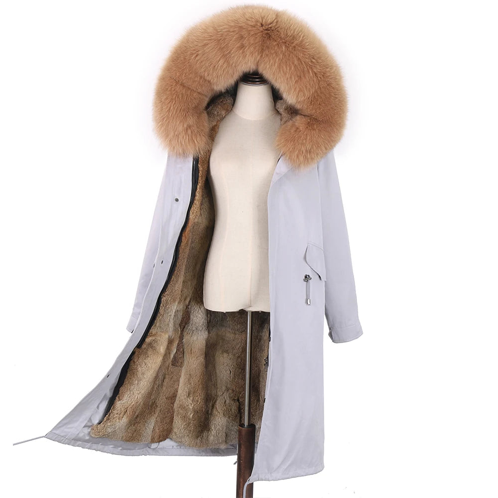 Detachable X-long Parka Waterproof Winter Jacket Women Natural Raccoon Fur Hood Rabbit Fur Liner Real Fur Coat  Streetwea