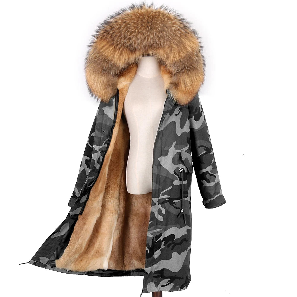 Detachable X-long Parka Waterproof Winter Jacket Women Natural Raccoon Fur Hood Rabbit Fur Liner Real Fur Coat  Streetwea