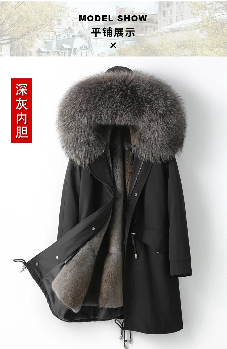 Detachable X-long Parka Waterproof Winter Jacket Women Natural Raccoon Fur Hood Rabbit Fur Liner Real Fur Coat  Streetwea