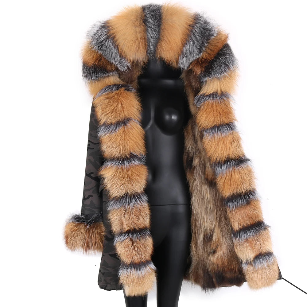 2024 Real Fur Coat Natural Real Fox Fur Collar Warm Big Fur Outerwear Detachable Female Long Parka Women Fashion Winter Jacket