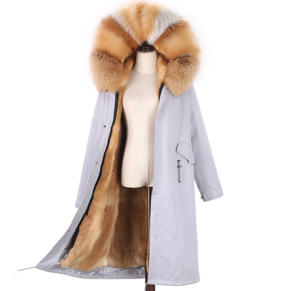 Detachable X-long Parka Waterproof Winter Jacket Women Natural Raccoon Fur Hood Rabbit Fur Liner Real Fur Coat  Streetwea