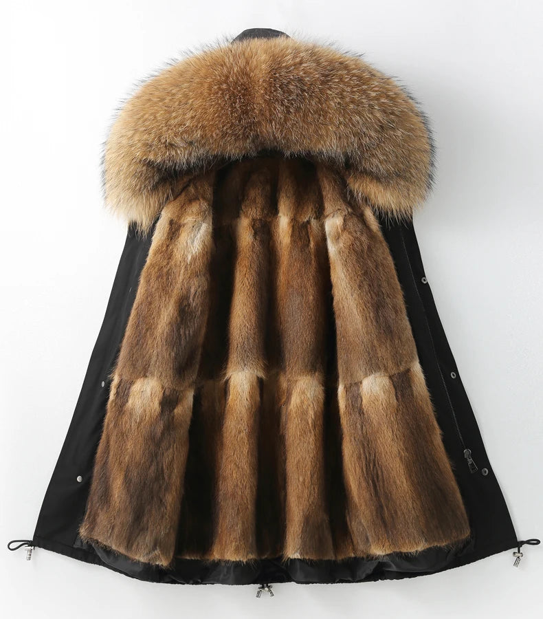 Detachable X-long Parka Waterproof Winter Jacket Women Natural Raccoon Fur Hood Rabbit Fur Liner Real Fur Coat  Streetwea