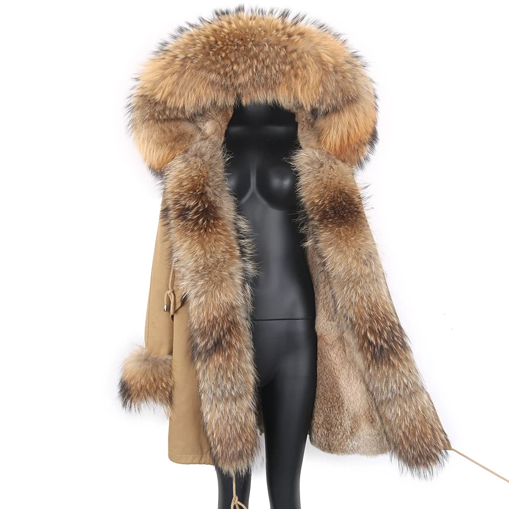 2024 Real Fur Coat Natural Real Fox Fur Collar Warm Big Fur Outerwear Detachable Female Long Parka Women Fashion Winter Jacket
