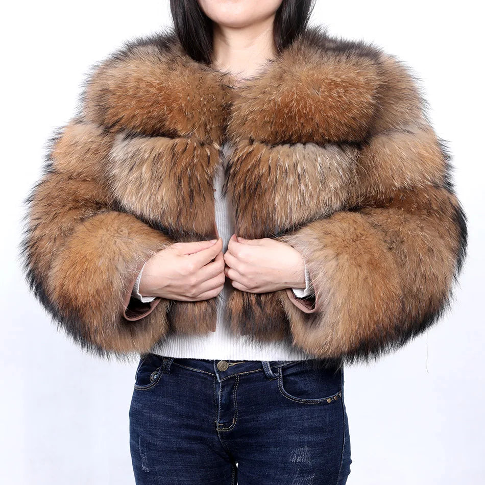 Winter Real Fur Women Raccoon Natural Fur Coat Silver Fox Long Vest Warm Luxury Jacket Parkas With Leather Fur Clothe For Female