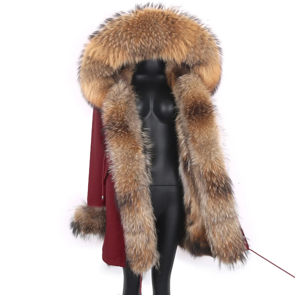 2024 Real Fur Coat Natural Real Fox Fur Collar Warm Big Fur Outerwear Detachable Female Long Parka Women Fashion Winter Jacket
