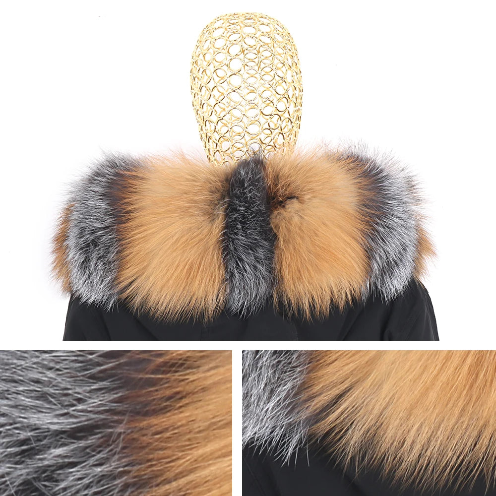 2024 Real Fur Coat Natural Real Fox Fur Collar Warm Big Fur Outerwear Detachable Female Long Parka Women Fashion Winter Jacket