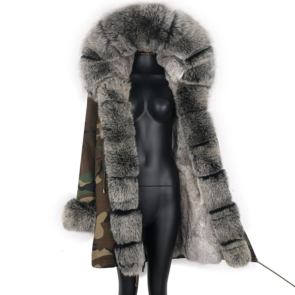 2024 Real Fur Coat Natural Real Fox Fur Collar Warm Big Fur Outerwear Detachable Female Long Parka Women Fashion Winter Jacket