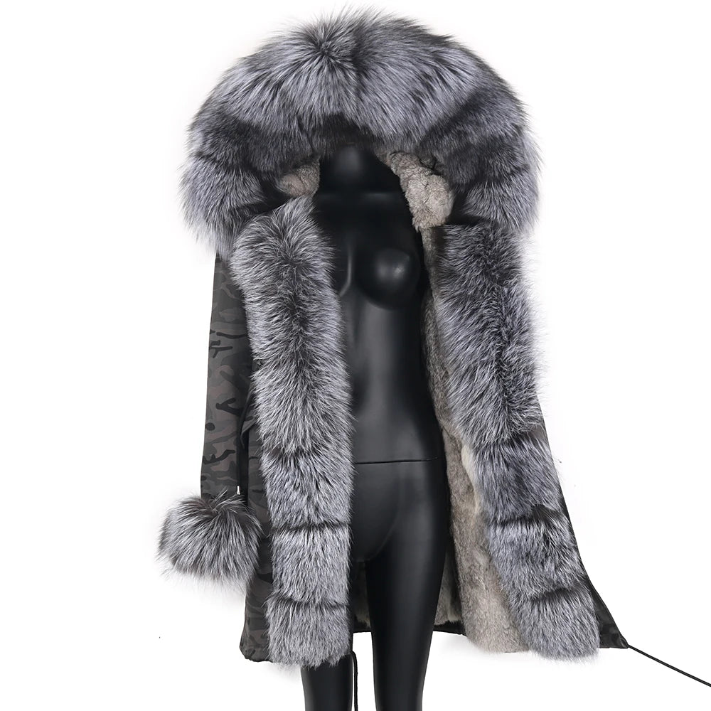 2024 Real Fur Coat Natural Real Fox Fur Collar Warm Big Fur Outerwear Detachable Female Long Parka Women Fashion Winter Jacket