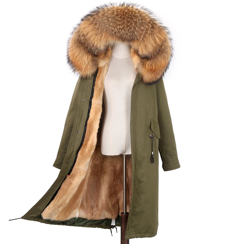 Detachable X-long Parka Waterproof Winter Jacket Women Natural Raccoon Fur Hood Rabbit Fur Liner Real Fur Coat  Streetwea
