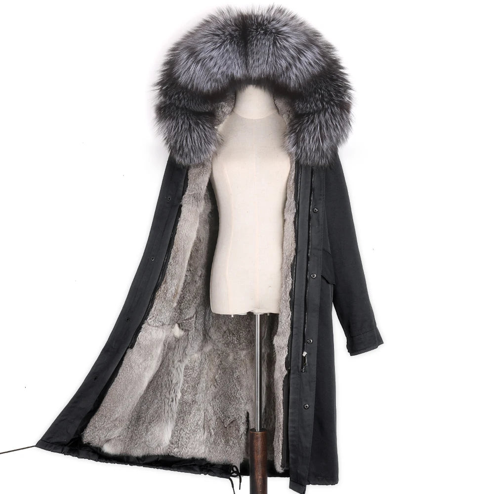 Detachable X-long Parka Waterproof Winter Jacket Women Natural Raccoon Fur Hood Rabbit Fur Liner Real Fur Coat  Streetwea