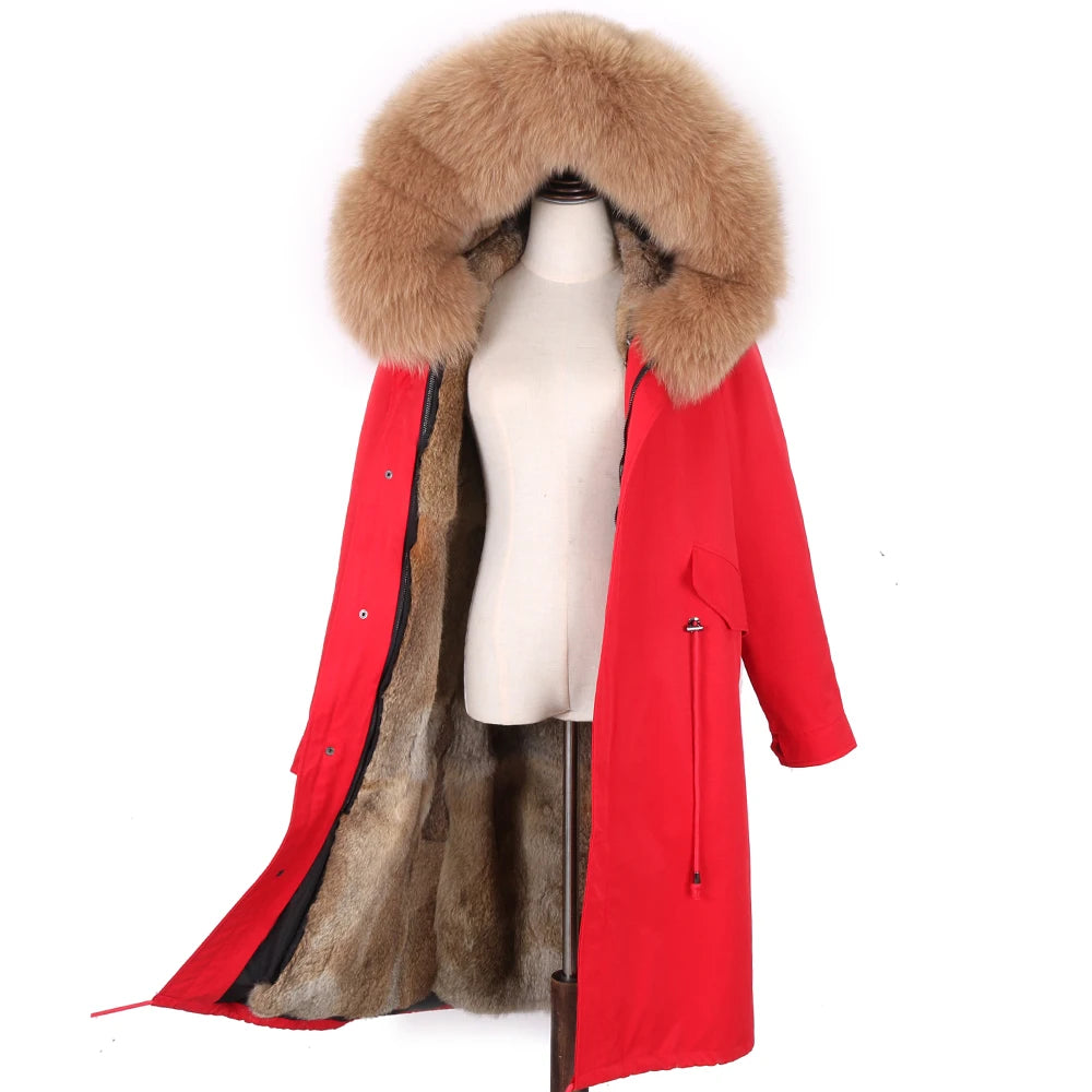 Detachable X-long Parka Waterproof Winter Jacket Women Natural Raccoon Fur Hood Rabbit Fur Liner Real Fur Coat  Streetwea