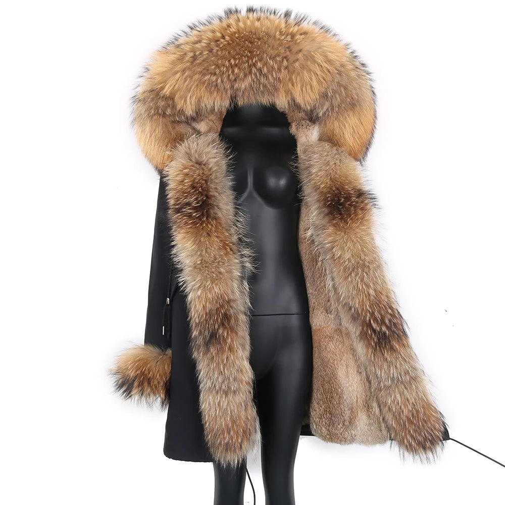2024 Real Fur Coat Natural Real Fox Fur Collar Warm Big Fur Outerwear Detachable Female Long Parka Women Fashion Winter Jacket