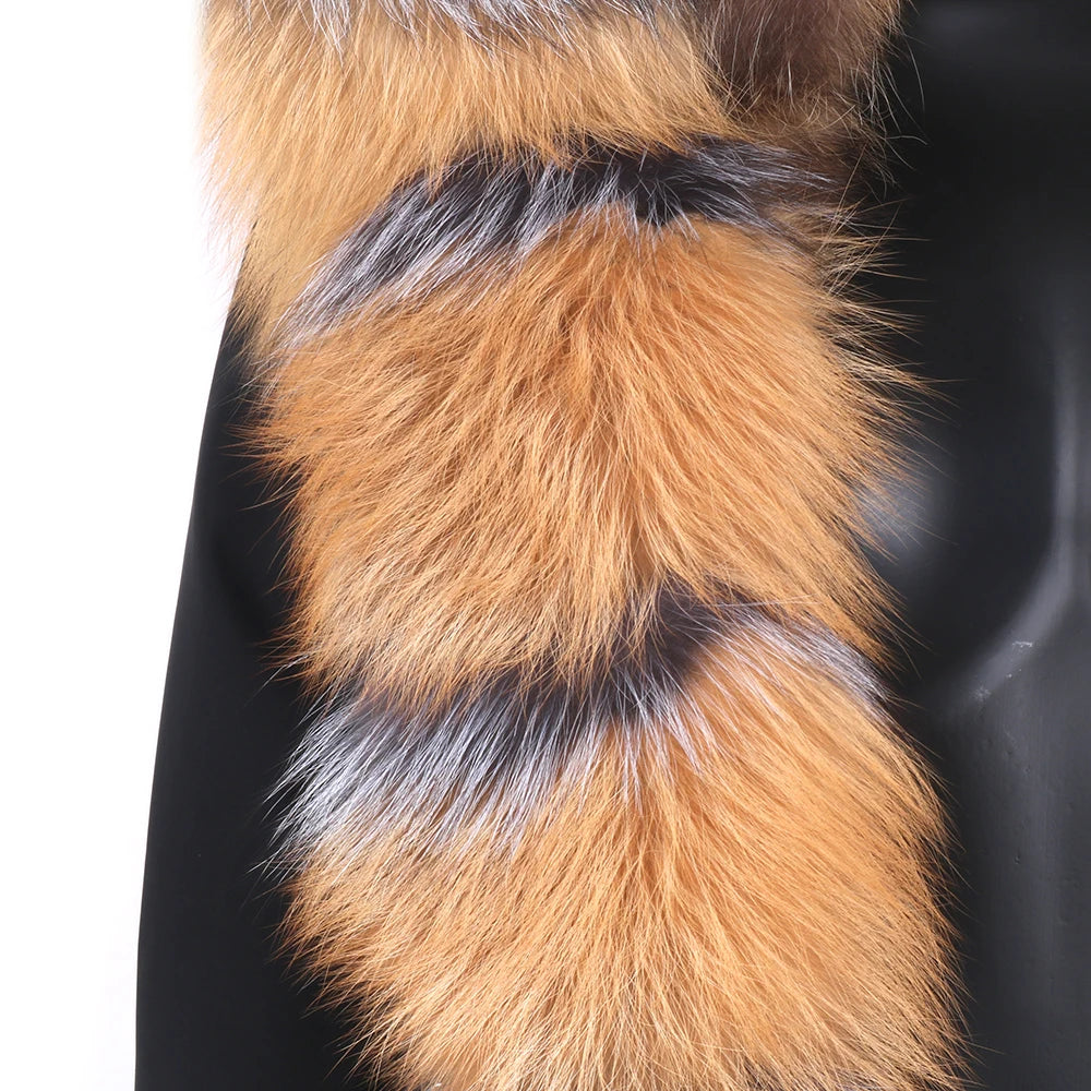 2024 Real Fur Coat Natural Real Fox Fur Collar Warm Big Fur Outerwear Detachable Female Long Parka Women Fashion Winter Jacket