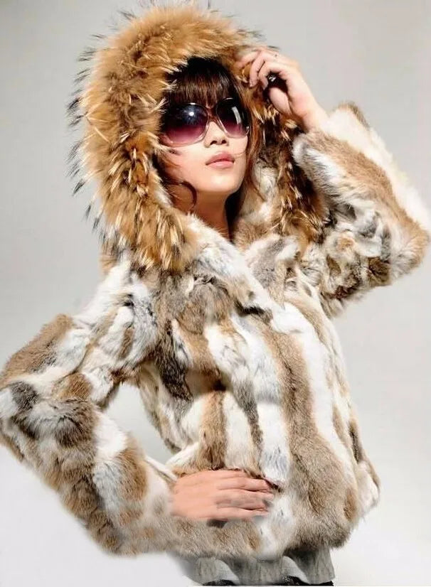 New  Real genuine natural rabbit fur coat with raccoon fur hood women's fashion jacket outwear custom any size