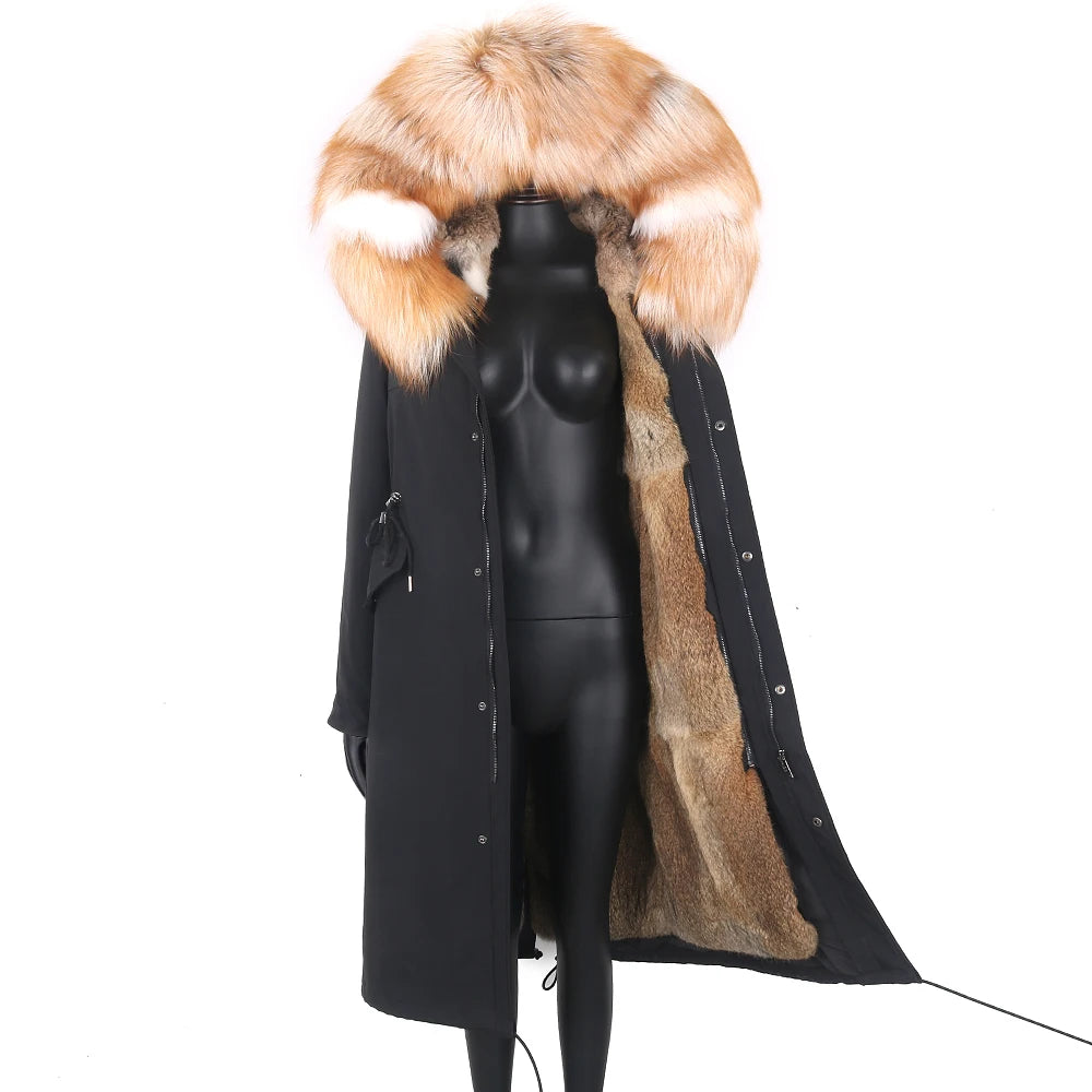 Detachable X-long Parka Waterproof Winter Jacket Women Natural Raccoon Fur Hood Rabbit Fur Liner Real Fur Coat  Streetwea