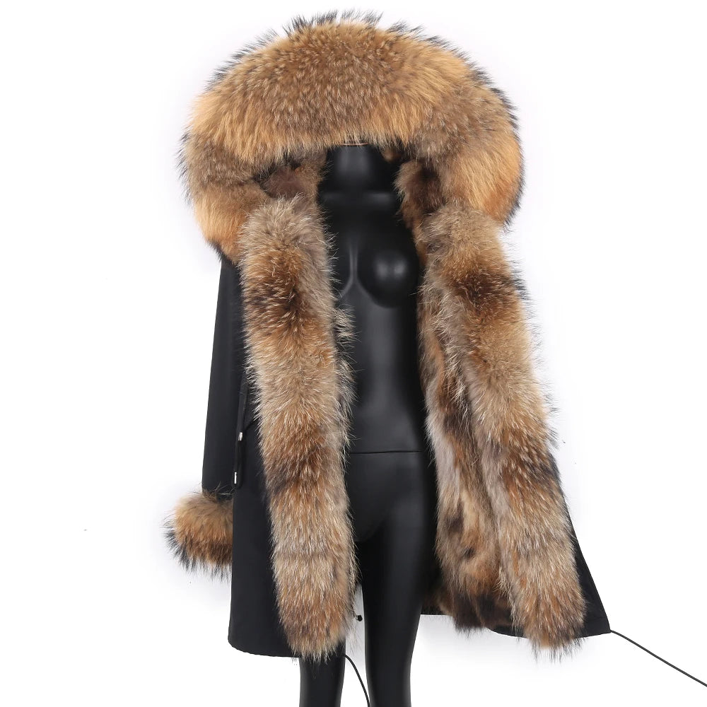 2024 Real Fur Coat Natural Real Fox Fur Collar Warm Big Fur Outerwear Detachable Female Long Parka Women Fashion Winter Jacket
