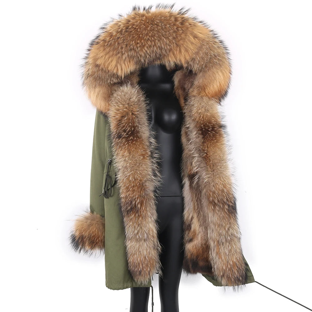 2024 Real Fur Coat Natural Real Fox Fur Collar Warm Big Fur Outerwear Detachable Female Long Parka Women Fashion Winter Jacket