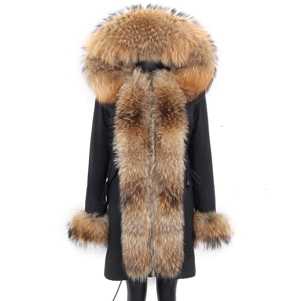 2024 Real Fur Coat Natural Real Fox Fur Collar Warm Big Fur Outerwear Detachable Female Long Parka Women Fashion Winter Jacket