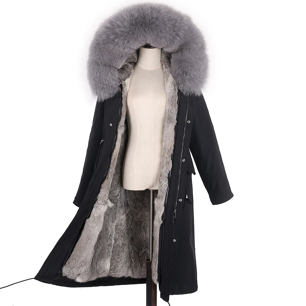 Detachable X-long Parka Waterproof Winter Jacket Women Natural Raccoon Fur Hood Rabbit Fur Liner Real Fur Coat  Streetwea