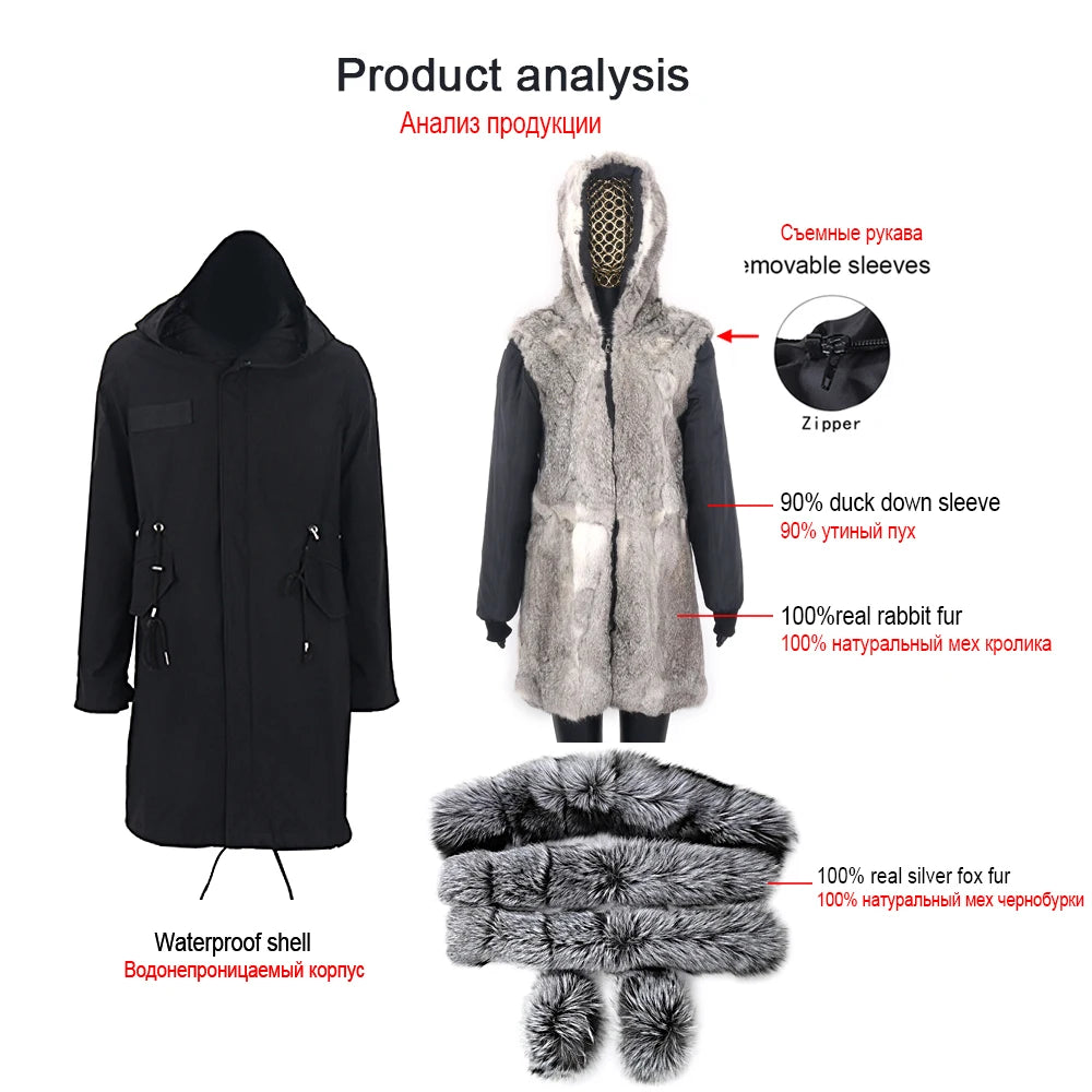 2024 Real Fur Coat Natural Real Fox Fur Collar Warm Big Fur Outerwear Detachable Female Long Parka Women Fashion Winter Jacket