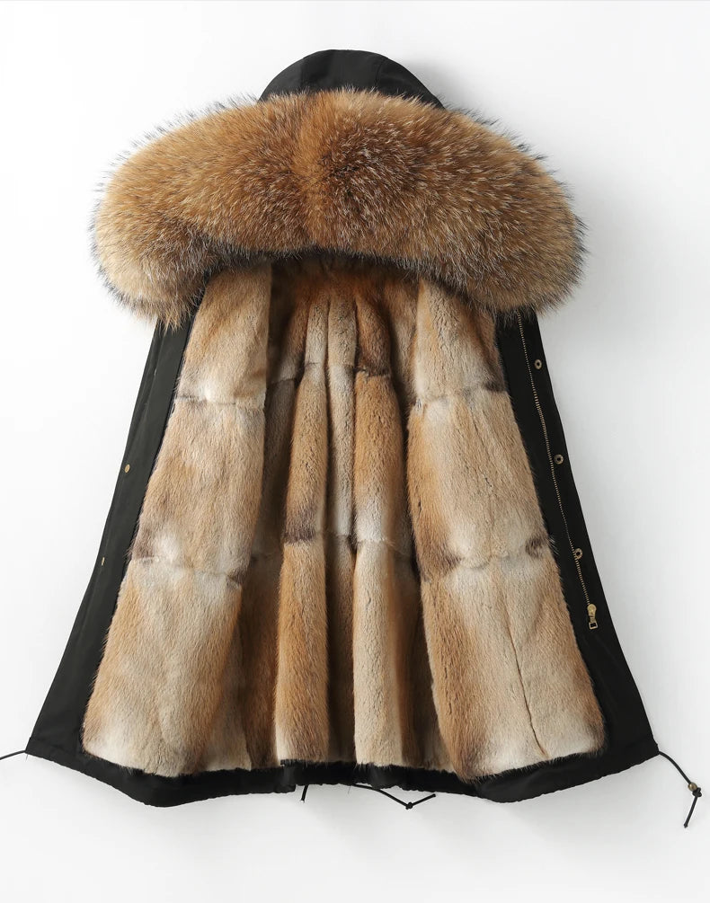 Detachable X-long Parka Waterproof Winter Jacket Women Natural Raccoon Fur Hood Rabbit Fur Liner Real Fur Coat  Streetwea