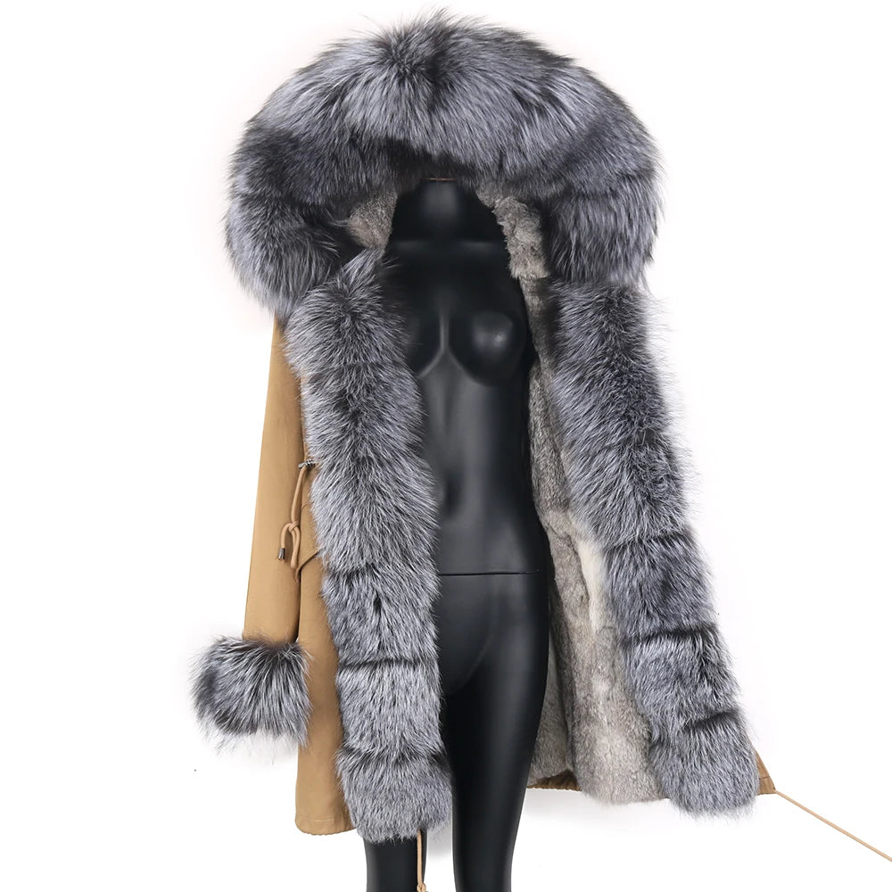 2024 Real Fur Coat Natural Real Fox Fur Collar Warm Big Fur Outerwear Detachable Female Long Parka Women Fashion Winter Jacket
