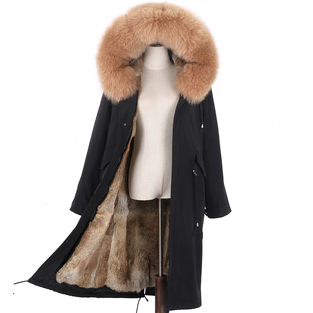 Detachable X-long Parka Waterproof Winter Jacket Women Natural Raccoon Fur Hood Rabbit Fur Liner Real Fur Coat  Streetwea