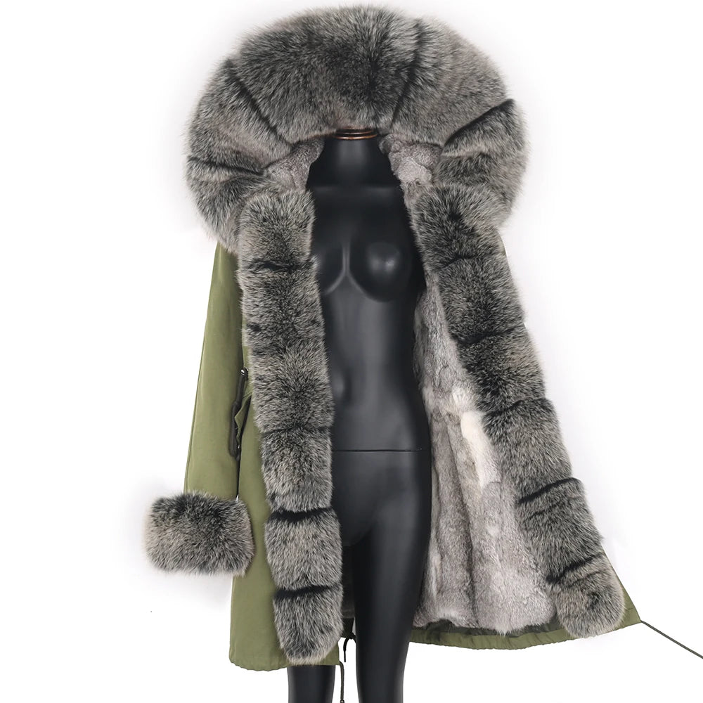 2024 Real Fur Coat Natural Real Fox Fur Collar Warm Big Fur Outerwear Detachable Female Long Parka Women Fashion Winter Jacket