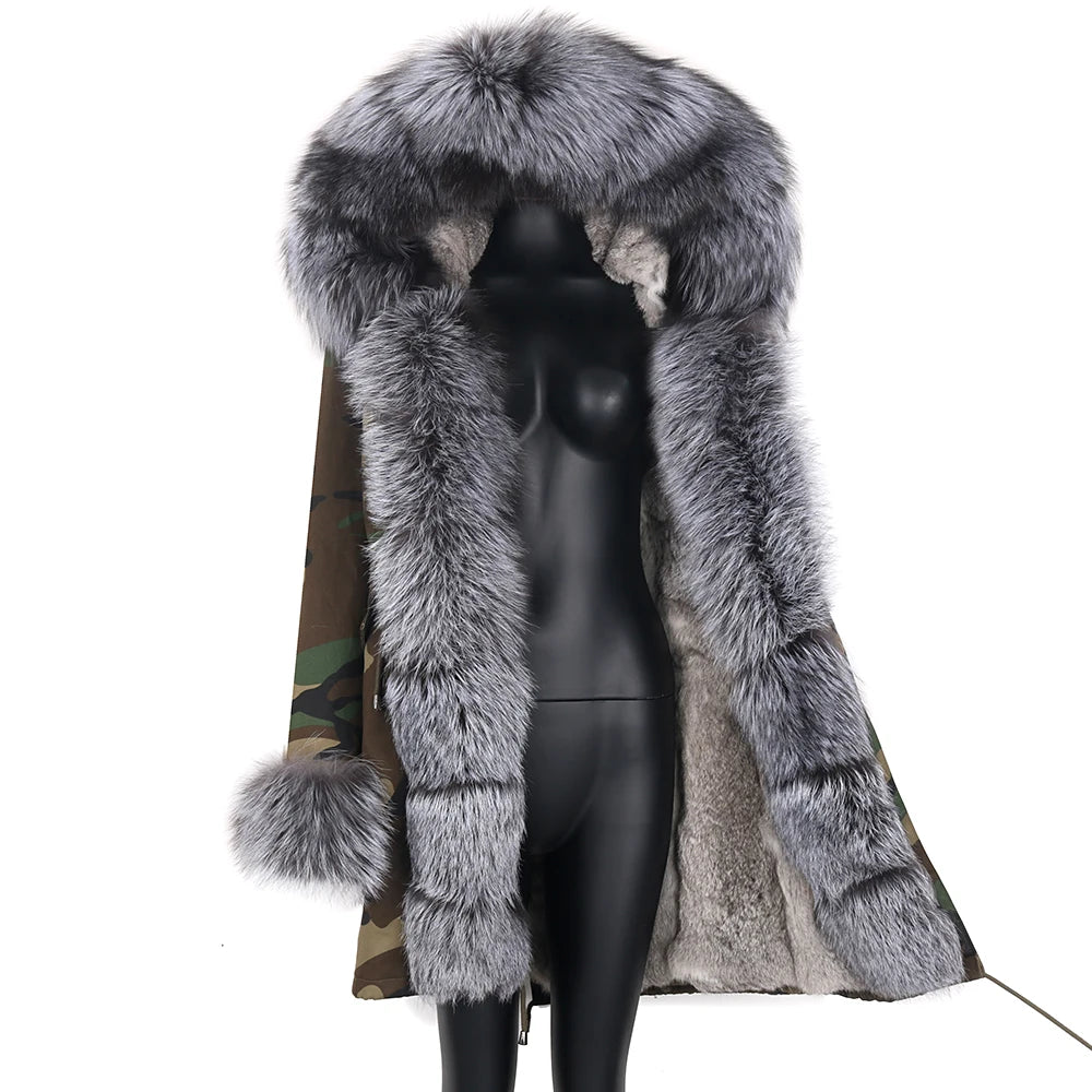2024 Real Fur Coat Natural Real Fox Fur Collar Warm Big Fur Outerwear Detachable Female Long Parka Women Fashion Winter Jacket