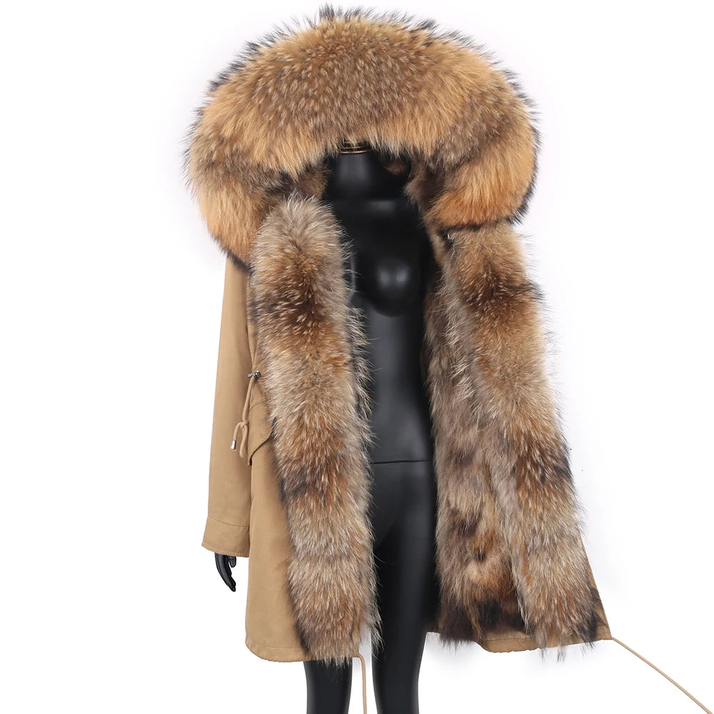 2024 Real Fur Coat Natural Real Fox Fur Collar Warm Big Fur Outerwear Detachable Female Long Parka Women Fashion Winter Jacket