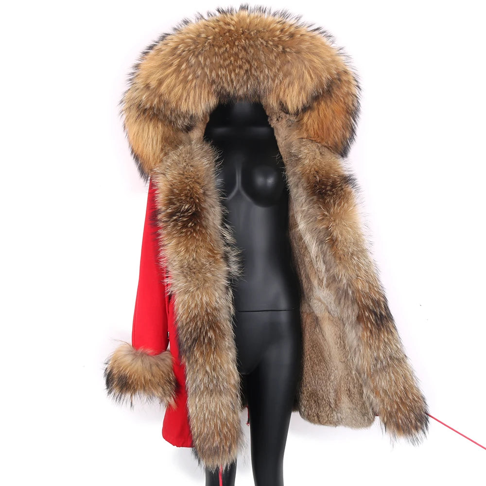 2024 Real Fur Coat Natural Real Fox Fur Collar Warm Big Fur Outerwear Detachable Female Long Parka Women Fashion Winter Jacket