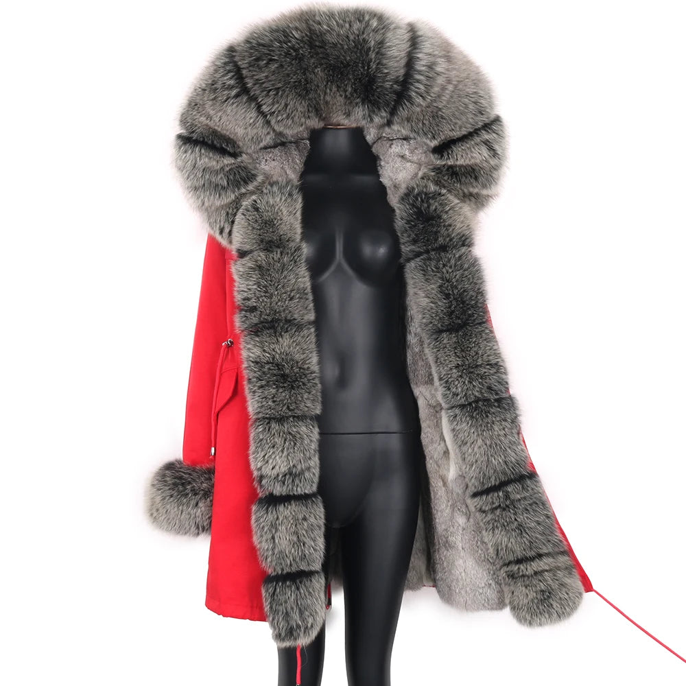 2024 Real Fur Coat Natural Real Fox Fur Collar Warm Big Fur Outerwear Detachable Female Long Parka Women Fashion Winter Jacket