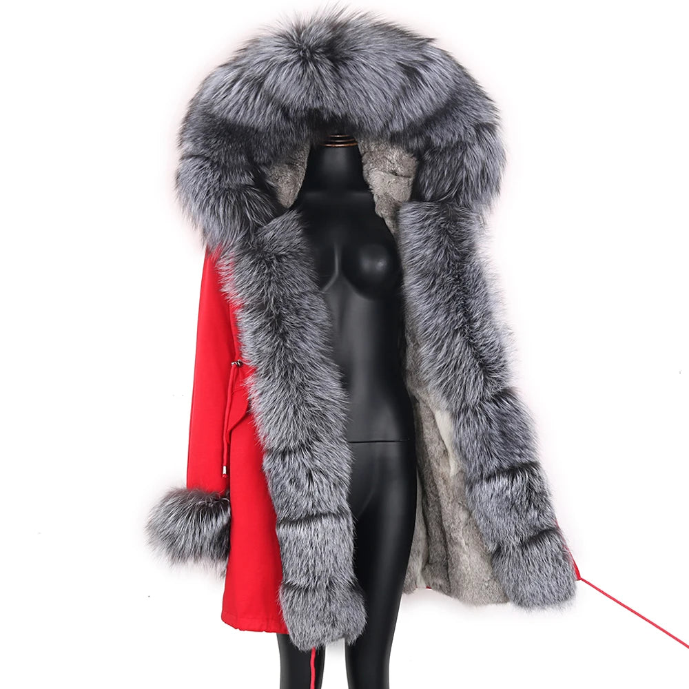 2024 Real Fur Coat Natural Real Fox Fur Collar Warm Big Fur Outerwear Detachable Female Long Parka Women Fashion Winter Jacket