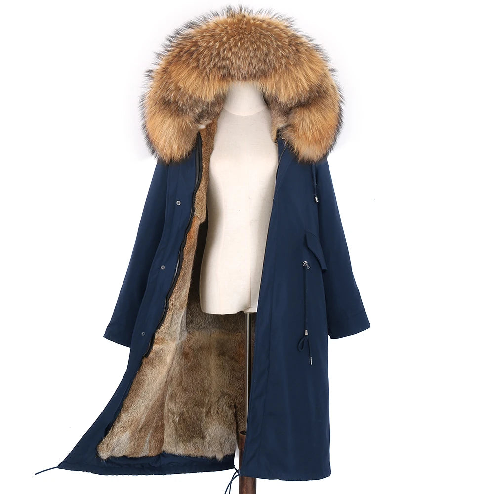 Detachable X-long Parka Waterproof Winter Jacket Women Natural Raccoon Fur Hood Rabbit Fur Liner Real Fur Coat  Streetwea