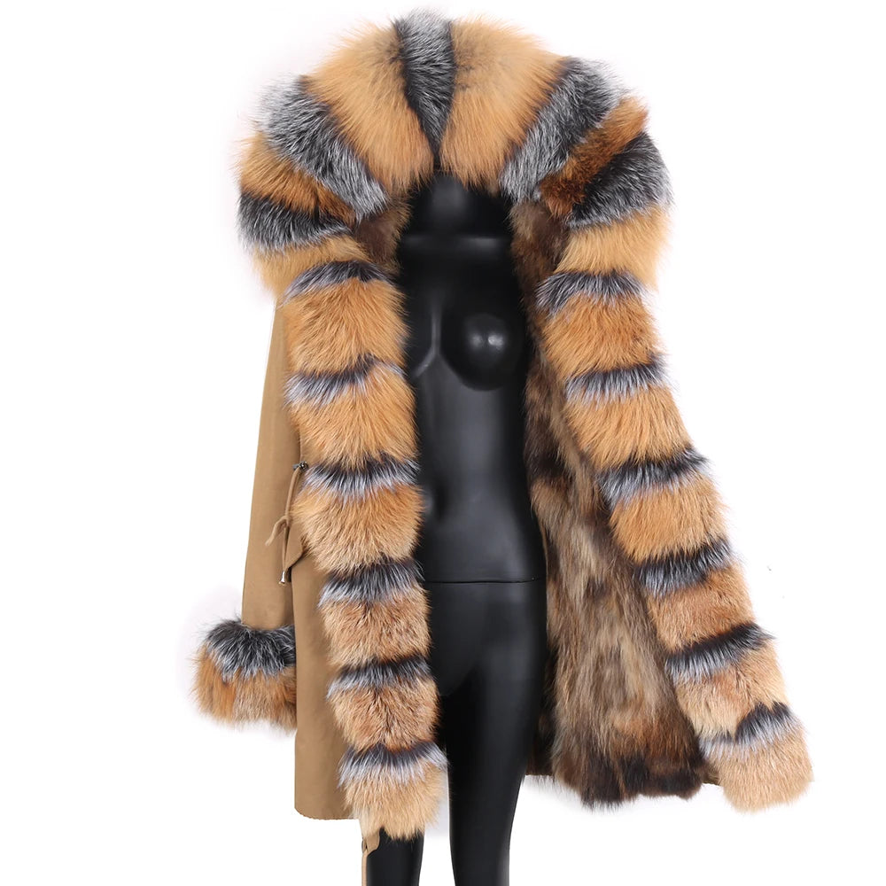 2024 Real Fur Coat Natural Real Fox Fur Collar Warm Big Fur Outerwear Detachable Female Long Parka Women Fashion Winter Jacket