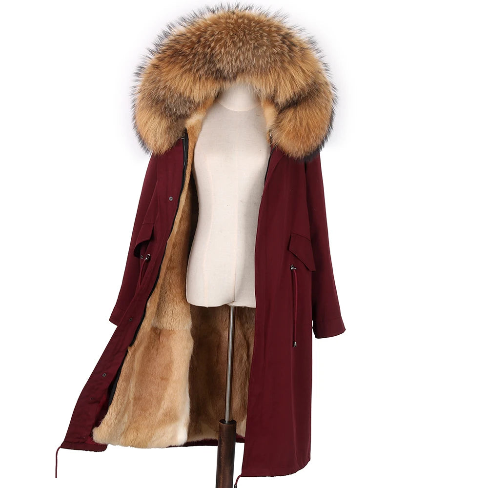 Detachable X-long Parka Waterproof Winter Jacket Women Natural Raccoon Fur Hood Rabbit Fur Liner Real Fur Coat  Streetwea