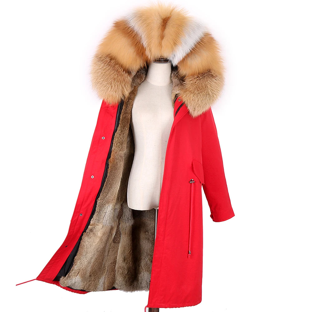 Detachable X-long Parka Waterproof Winter Jacket Women Natural Raccoon Fur Hood Rabbit Fur Liner Real Fur Coat  Streetwea