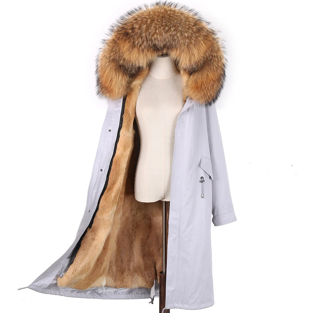 Detachable X-long Parka Waterproof Winter Jacket Women Natural Raccoon Fur Hood Rabbit Fur Liner Real Fur Coat  Streetwea