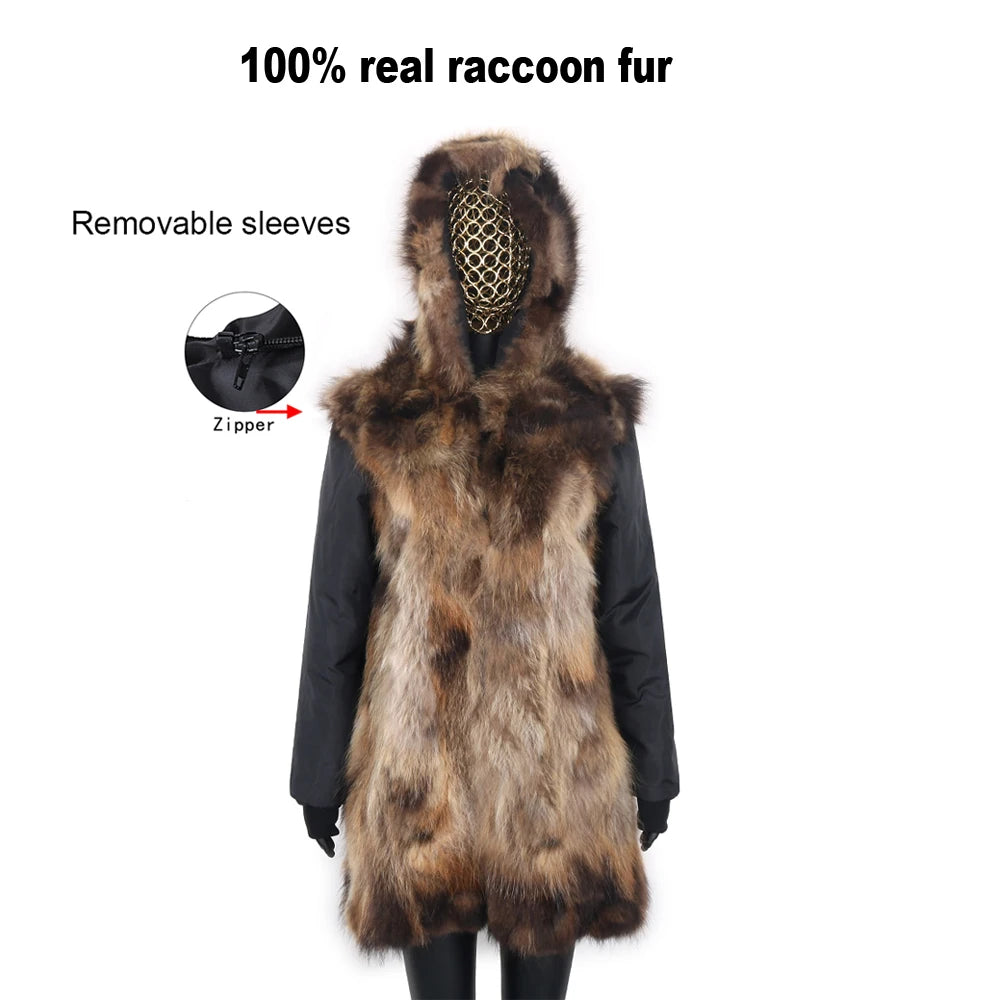 2024 Real Fur Coat Natural Real Fox Fur Collar Warm Big Fur Outerwear Detachable Female Long Parka Women Fashion Winter Jacket