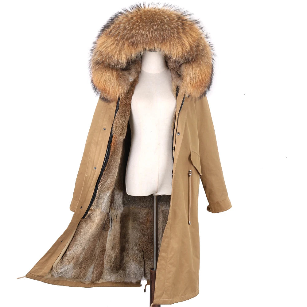 Detachable X-long Parka Waterproof Winter Jacket Women Natural Raccoon Fur Hood Rabbit Fur Liner Real Fur Coat  Streetwea