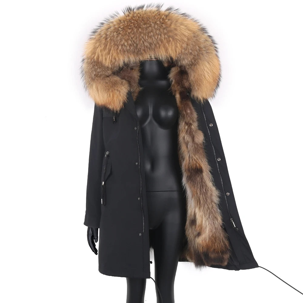 2024 Real Fur Coat Natural Real Fox Fur Collar Warm Big Fur Outerwear Detachable Female Long Parka Women Fashion Winter Jacket