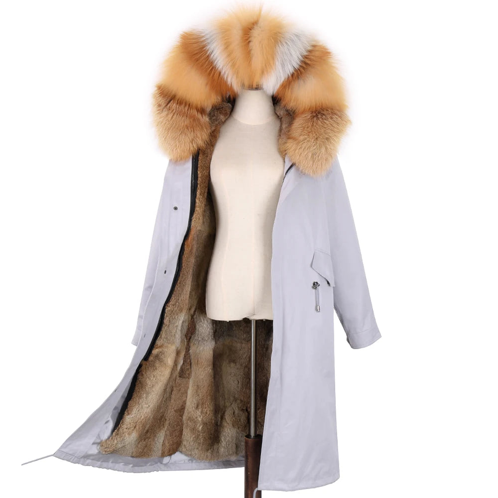 Detachable X-long Parka Waterproof Winter Jacket Women Natural Raccoon Fur Hood Rabbit Fur Liner Real Fur Coat  Streetwea